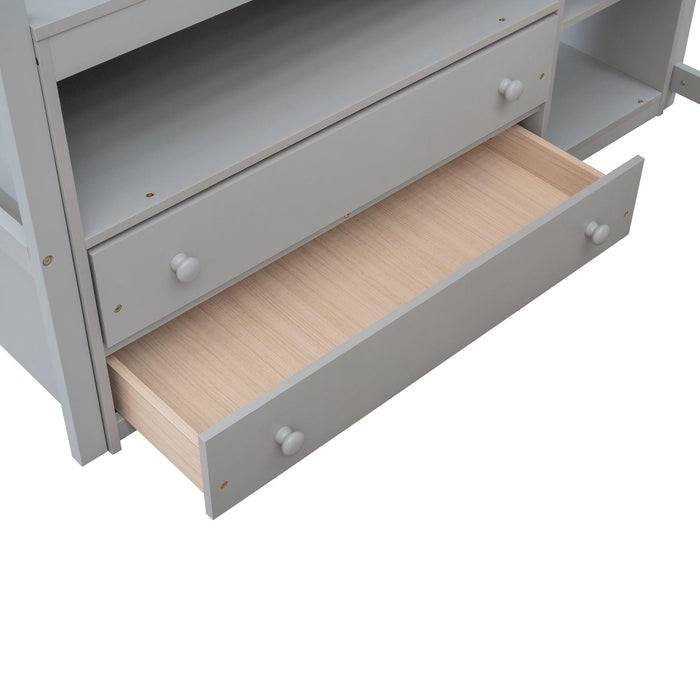 Full Size Loft Bed with Desk and Shelves,Two Built-in Drawers,Gray