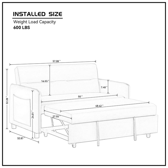 57'' Upholstered Sleeper Sofa 2 Seat Sofabed with 2 Grey Pillow, Beige