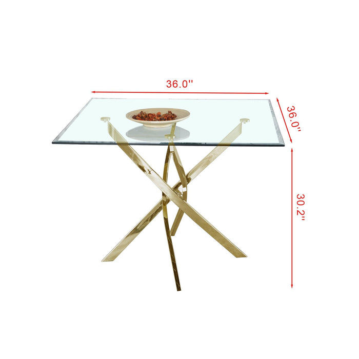 Contemporary Square Clear Dining Tempered Glass Table with Gold Finish Stainless Steel Legs