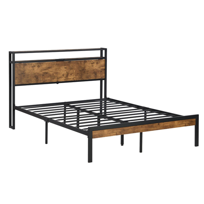 Full Size Metal Platform Bed Frame with Wooden Headboard and Footboard with USB LINER, No Box Spring Needed, Large Under BedStorage, Easy Assemble