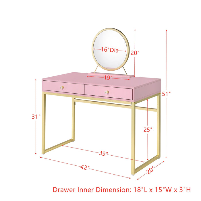 ACME Coleen Vanity Desk w/Mirror & Jewelry Tray in Pink & Gold Finish AC00668