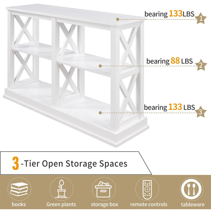 Console Table with 3-Tier OpenStorage Spaces and "X" Legs, Narrow Sofa Entry Table for Living Room (White)