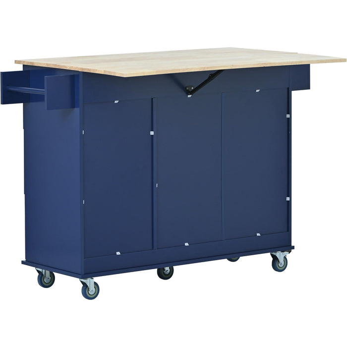 Rolling Mobile Kitchen Island with Drop Leaf - Solid Wood Top, Locking Wheels &Storage Cabinet 52.7 Inch Width（Dark blue）