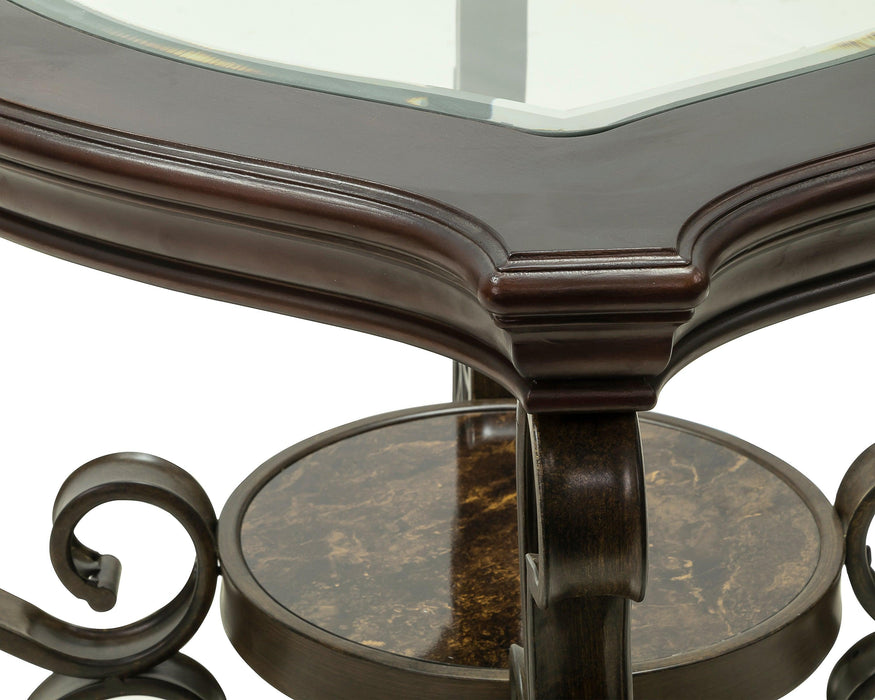 End table,  Glass table top, MDF W/marble paper middle shelf, powder coat finish metal legs. (26.3"Lx26.3"Wx24"H)