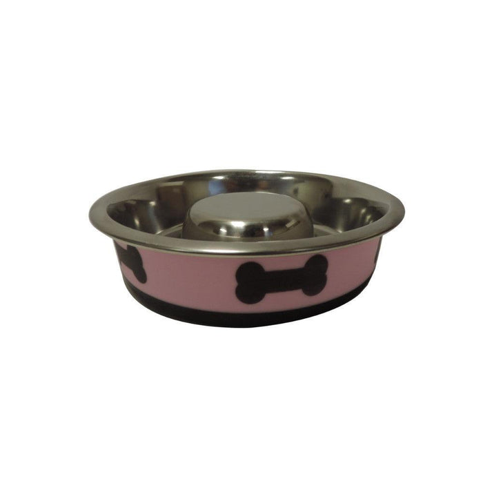 Slow Feeder Spill Proof Pet Bowl with Rubber Base and Bone Design, Pink and Black