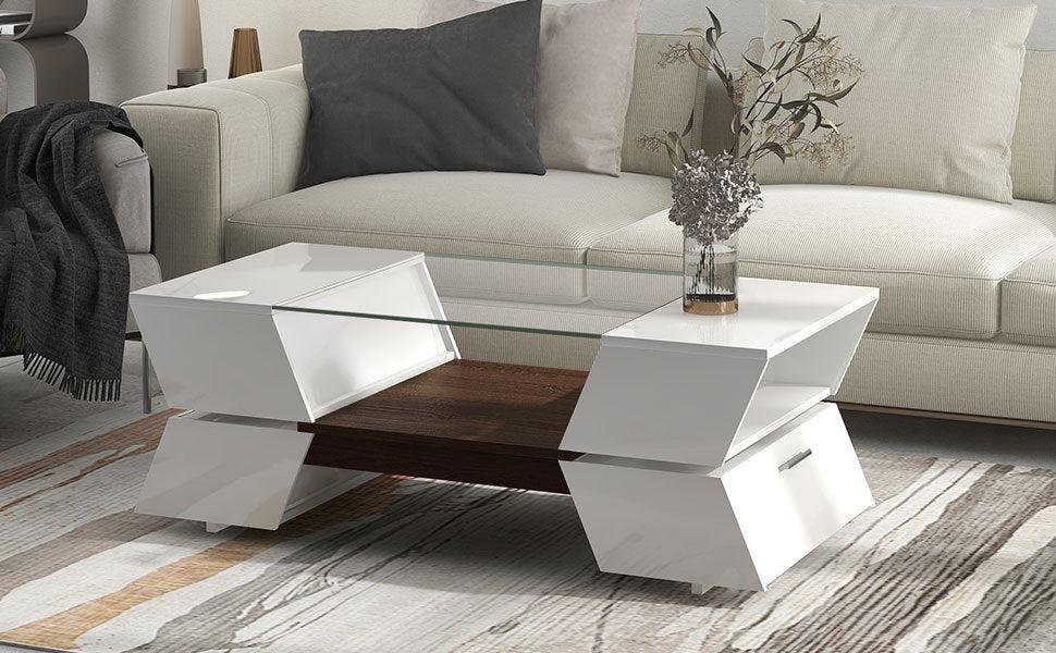 6mm Glass-Top Coffee Table with Open Shelves and Cabinets, Geometric Style Cocktail Table with GreatStorage Capacity,Modernist 2-Tier Center Table for Living Room, White