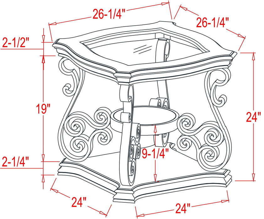 End table,  Glass table top, MDF W/marble paper middle shelf, powder coat finish metal legs. (26.3"Lx26.3"Wx24"H)