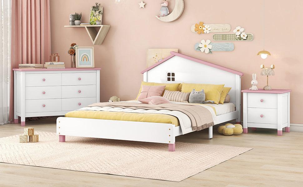 3-Pieces Bedroom Sets Full Size Platform Bed with Nightstand andStorage dresser,White+Pink