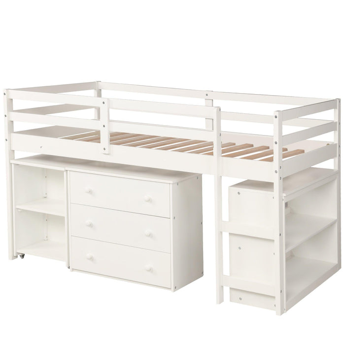 Low Study Twin Loft Bed with Cabinet and Rolling Portable Desk - White