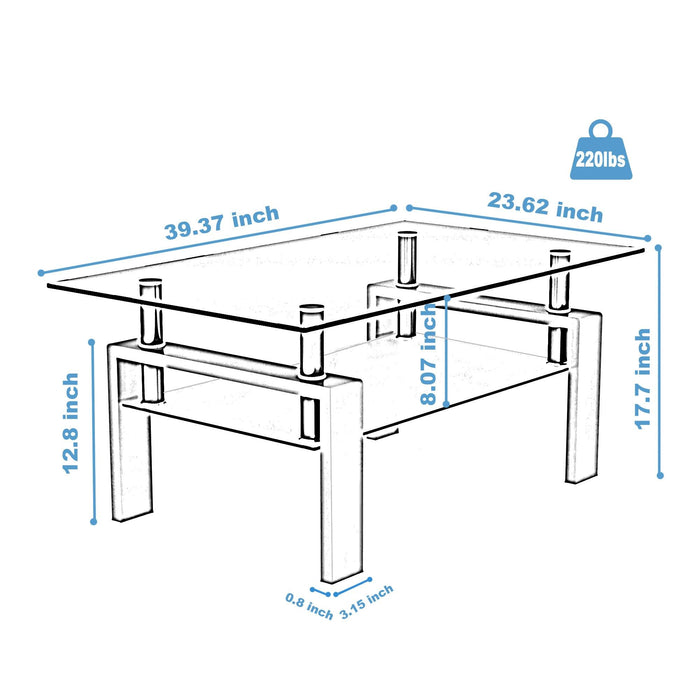 Rectangle Black Glass Coffee Table, Clear Coffee Table,Modern Side Center Tables for Living Room, Living Room Furniture