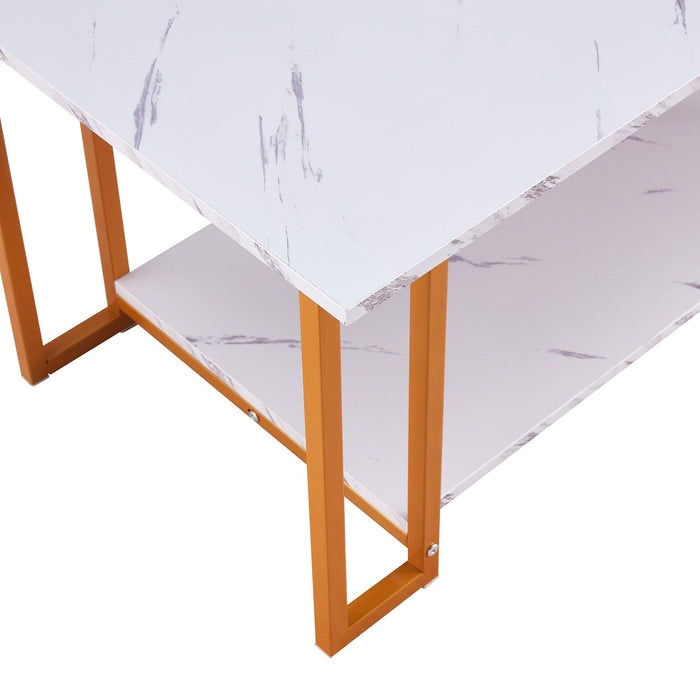 Coffee Table, 2 Layers 1.5cm Thick Marble MDF Rectangle 39.37" L Tabletop Iron Coffee Table , Dining Room, Coffee Shop, Resterant, White Top, ld Leg