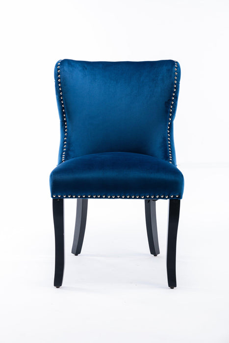 Set of 2 upholstered wing-back dining chair with backstitching nailhead trim and solid wood legs Blue