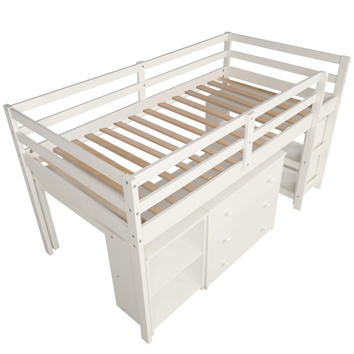 Low Study Twin Loft Bed with Cabinet and Rolling Portable Desk - White