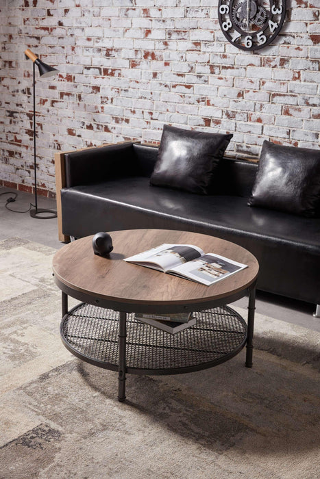 2-Tier Single Panel Round Coffee Table for Living Room and Bedroom, with 3D Texture Metal Frame and Mesh