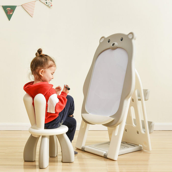 Folding Kids Art Easel with Stool and Adjustable Whiteboard, Standing Foldable Easel-Dry Erase Board with Book Shelf and Toddler Chair for Girls and Boys