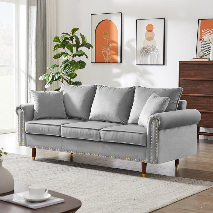 GREY Velvet Sofa Couch with 2 Pillows,Modern 3 Seater Sofa With Wood Legs for Living Room and Bedroom .