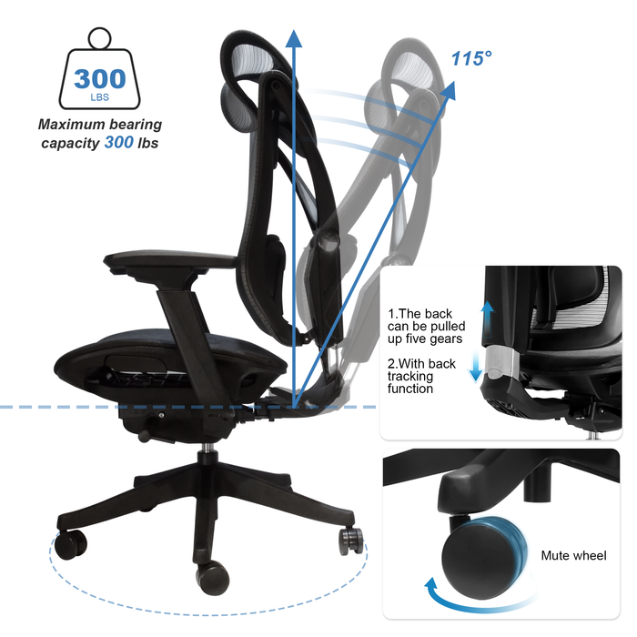 Big and Tall Office Chair  with Adjustable lumbar and slide seats , Headrest and 4d armrest , tilt function max degree is 115 °, 300LBS, Black