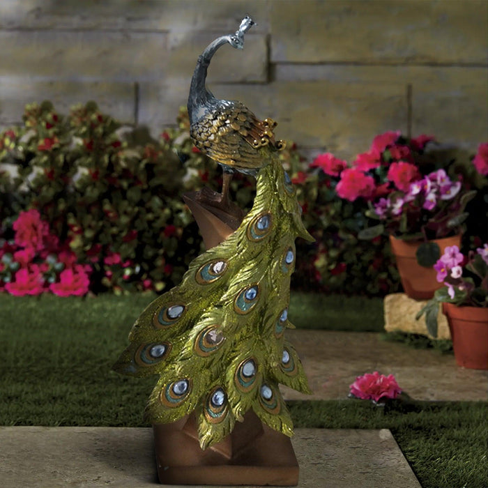 Polystone Decorative Peacock Figurine with Block Stand, Green and Gold