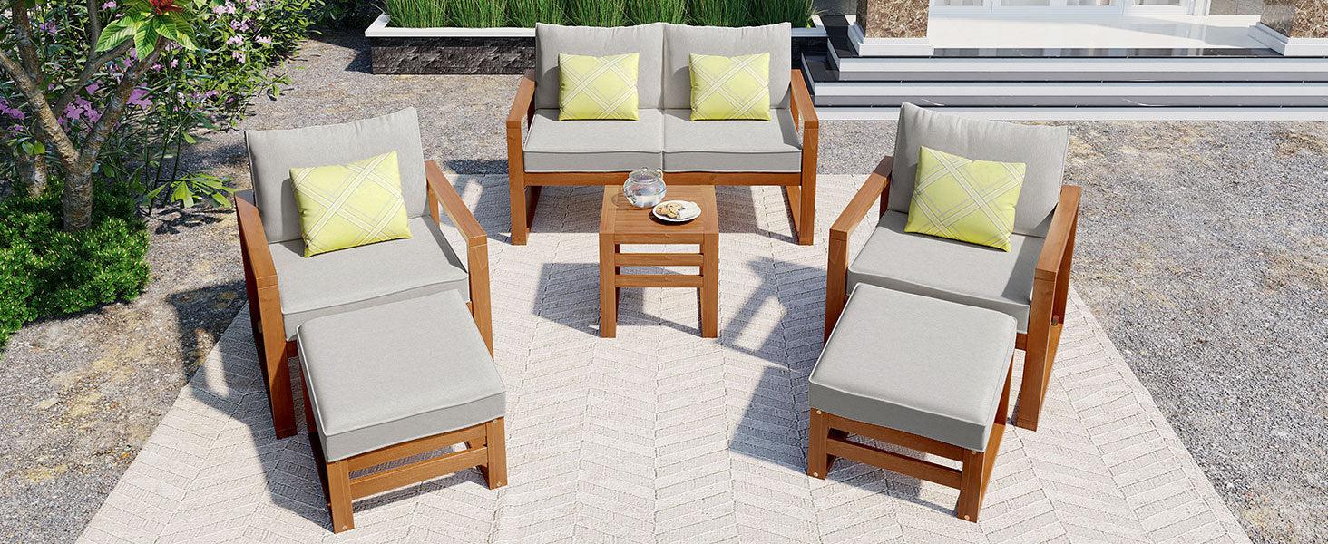 Outdoor Patio Wood 6-Piece Conversation Set, Sectional Garden Seating Groups Chat Set with Ottomans and Cushions for Backyard, Poolside, Balcony, Grey
