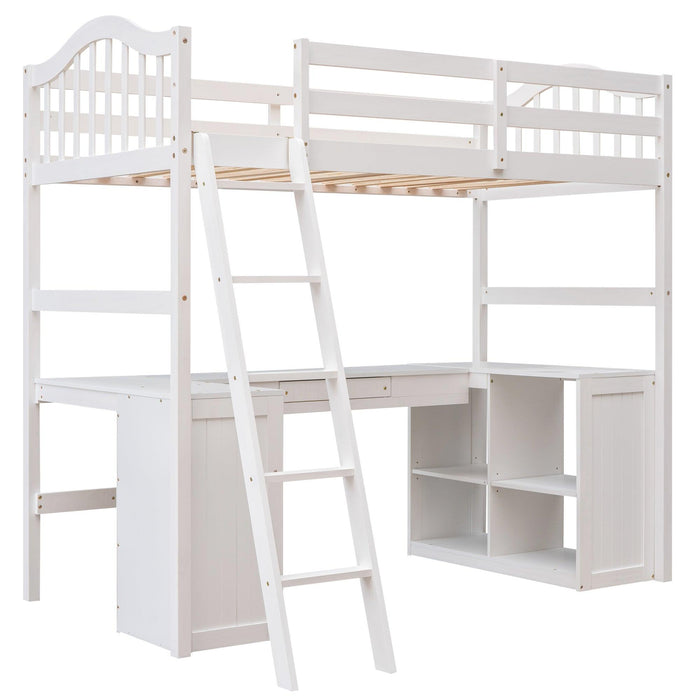 Twin size Loft Bed with Drawers, Cabinet, Shelves and Desk, Wooden Loft Bed with Desk - White