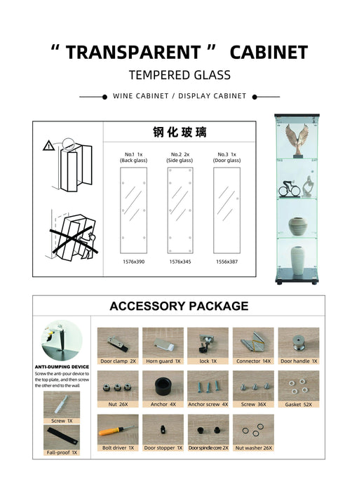 Two-door Glass Display Cabinet 4 Shelves with Door, Floor Standing Curio Bookshelf for Living Room Bedroom Office, 64.56” x 31.69”x 14.37”, White