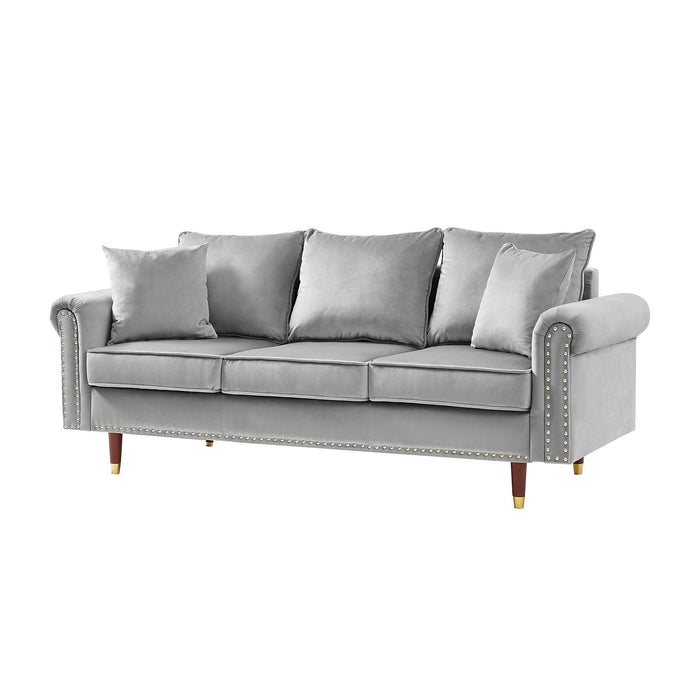 GREY Velvet Sofa Couch with 2 Pillows,Modern 3 Seater Sofa With Wood Legs for Living Room and Bedroom .