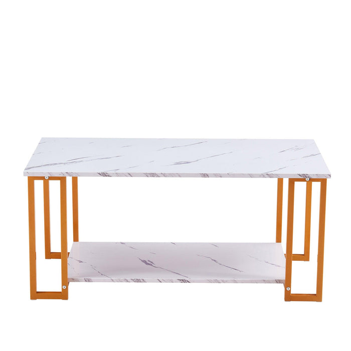 Coffee Table, 2 Layers 1.5cm Thick Marble MDF Rectangle 39.37" L Tabletop Iron Coffee Table , Dining Room, Coffee Shop, Resterant, White Top, ld Leg