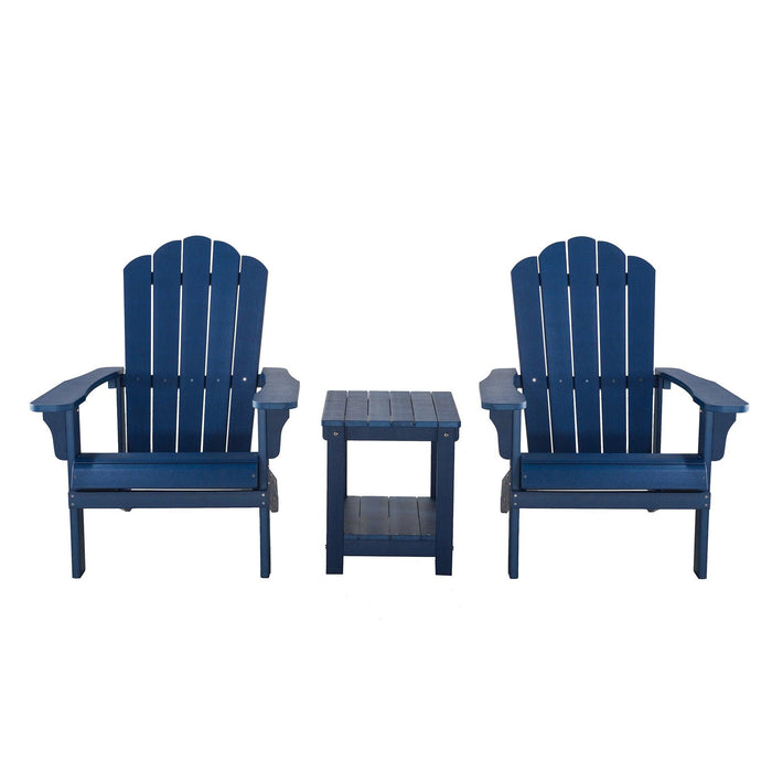 Key West 3 Piece Outdoor Patio All-Weather Plastic Wood Adirondack Bistro Set, 2 Adirondack chairs, and 1 small, side, end table set for Deck, Backyards, Garden, Lawns, Poolside, and Beaches, Blue