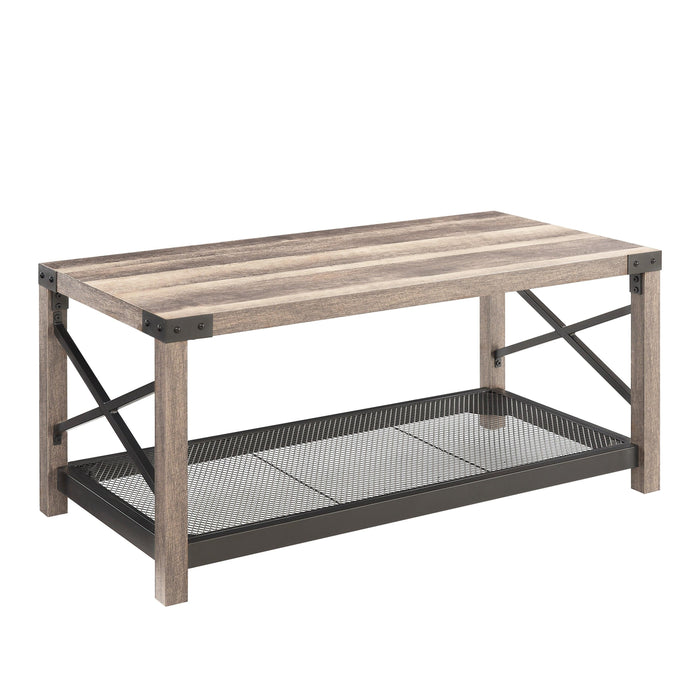 38.82" Farmhouse Coffee Table, 2-Tier Cocktail Table, Center Table with Mesh Shelf, Steel Frame, Corner Protection, Industrial Style, Long Table For Living Room, Grey