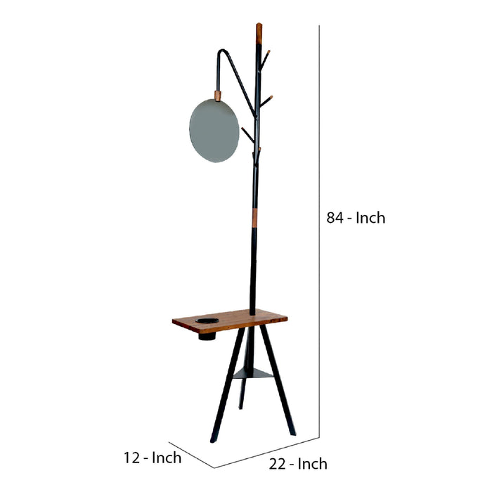 84 Inch Metal Coat Rack, Built In Mirror and Acacia Wood Accessory Table, Brown, Black