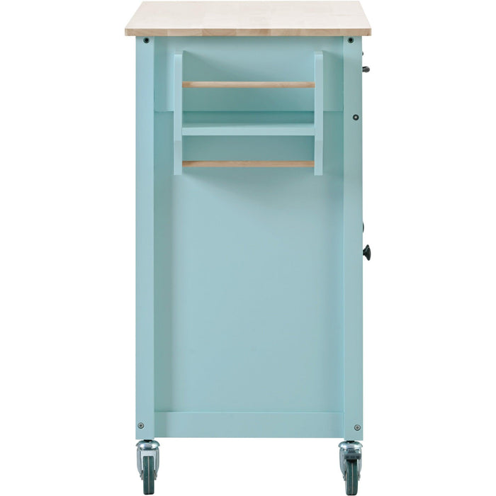 Kitchen Island Cart with 4 Door Cabinet and Two Drawers and 2 Locking Wheels - Solid Wood Top, Adjustable Shelves, Spice & Towel Rack（Mint Green）