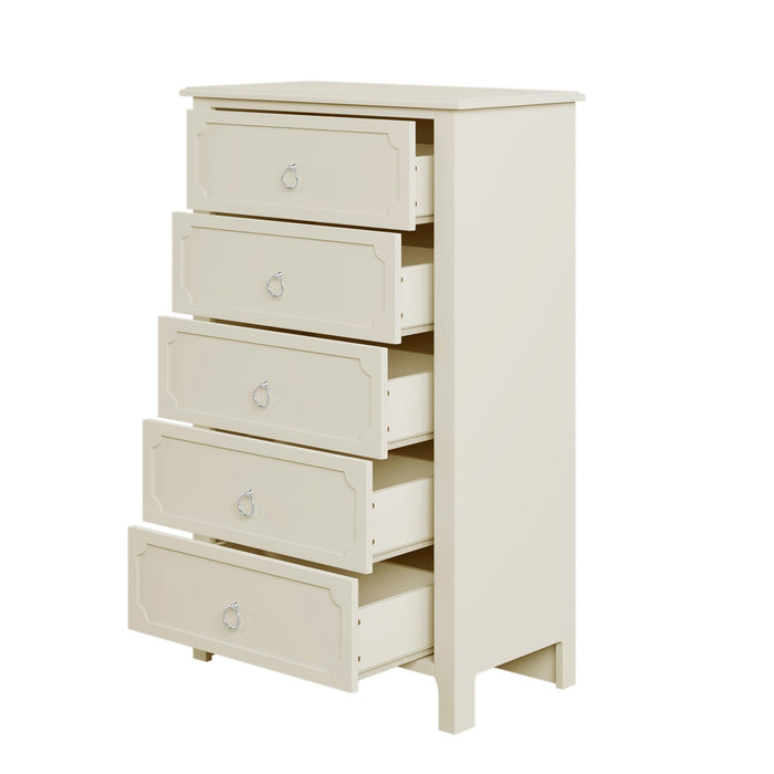 Milky White Rubber Wooden Chest Five Large Drawers Silver Metal Handles for Living Room Guest Room Bedroom