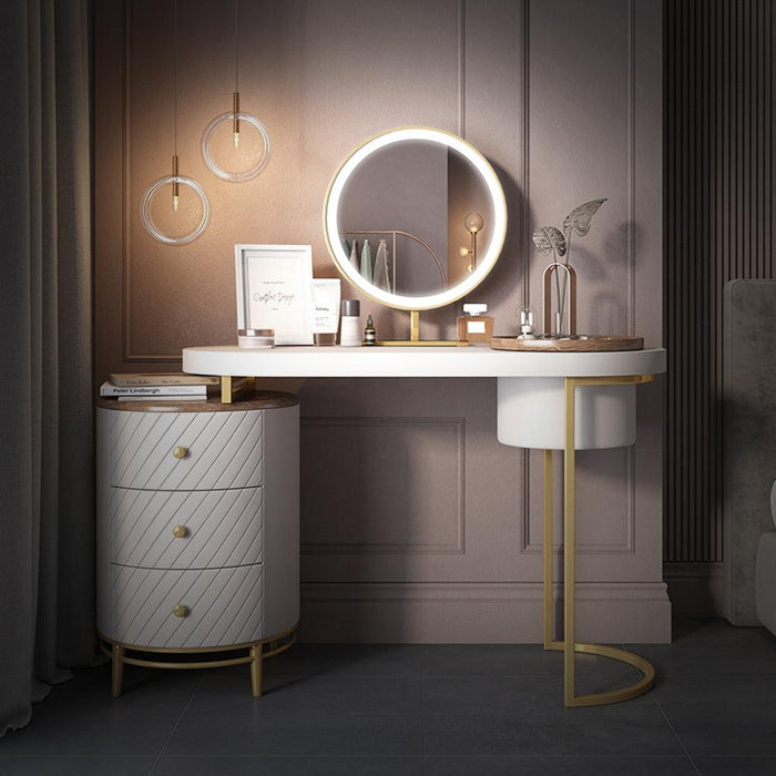 Modern Makeup Vanity Table With LED Lighted Mirror, Dressing Table with Movable Tray Top, 4 Solid Wood Drawer, Without Stool, 43", White