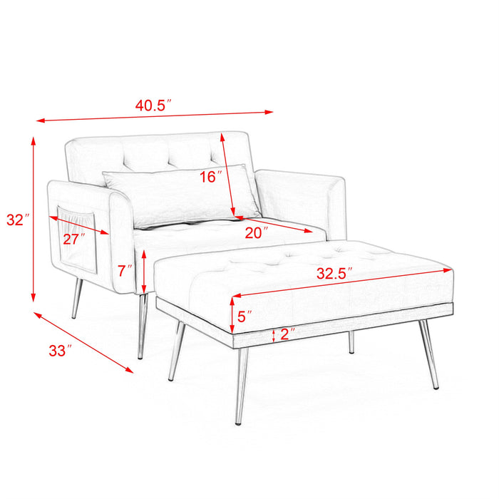 Recline Sofa Chair with Ottoman, Two Arm Pocket and Wood Frame include 1 Pillow, White (40.5”x33”x32”)