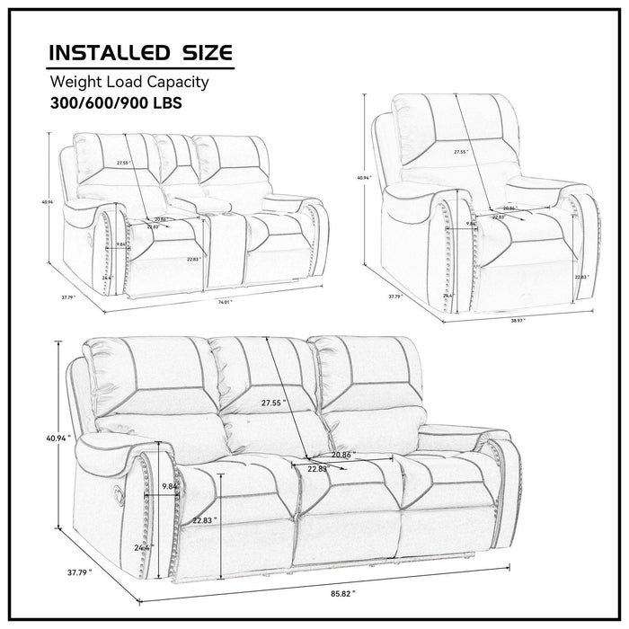 Faux Leather Reclining Sofa Couch Set 1+2+3 for Living Room Black