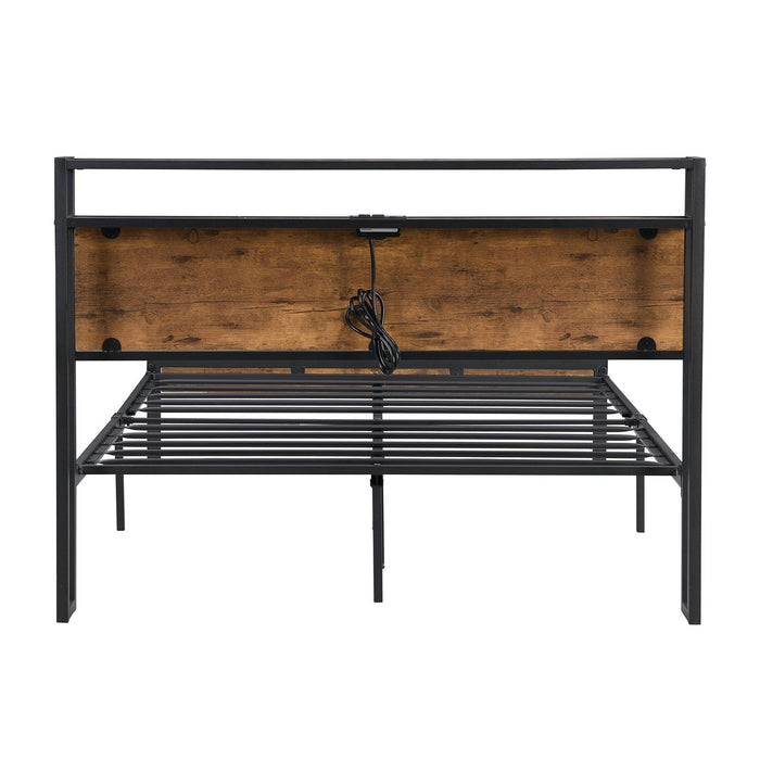 Full Size Metal Platform Bed Frame with Wooden Headboard and Footboard with USB LINER, No Box Spring Needed, Large Under BedStorage, Easy Assemble