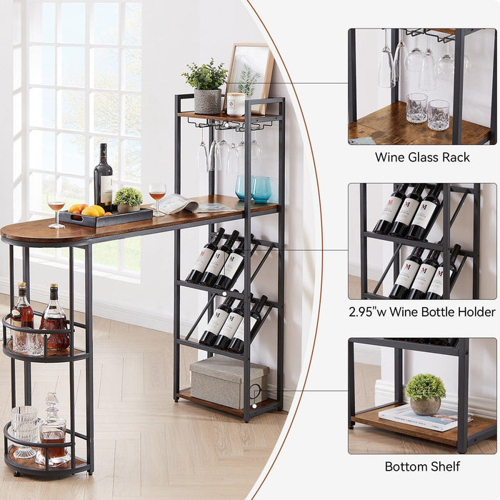 Bar table with bottle holder and glass holder, multifunctional high bar table, can hold 8 bottles of wine and 9 glasses, with sideStorage.(Rustic Brown,53.3’’w x 15.75’’d x 36.4’’h)