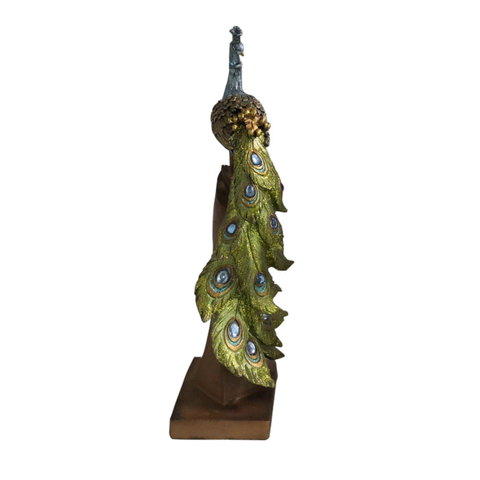 Polystone Decorative Peacock Figurine with Block Stand, Green and Gold