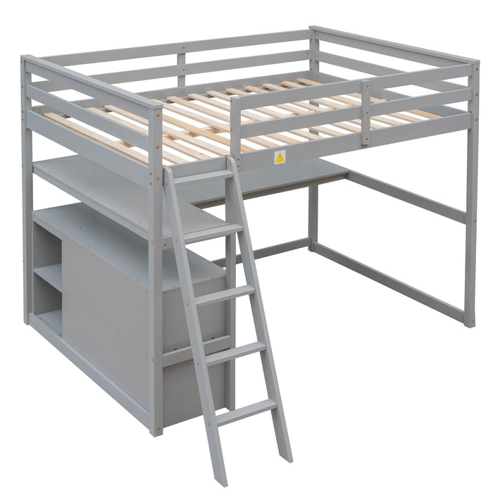 Full Size Loft Bed with Desk and Shelves,Two Built-in Drawers,Gray