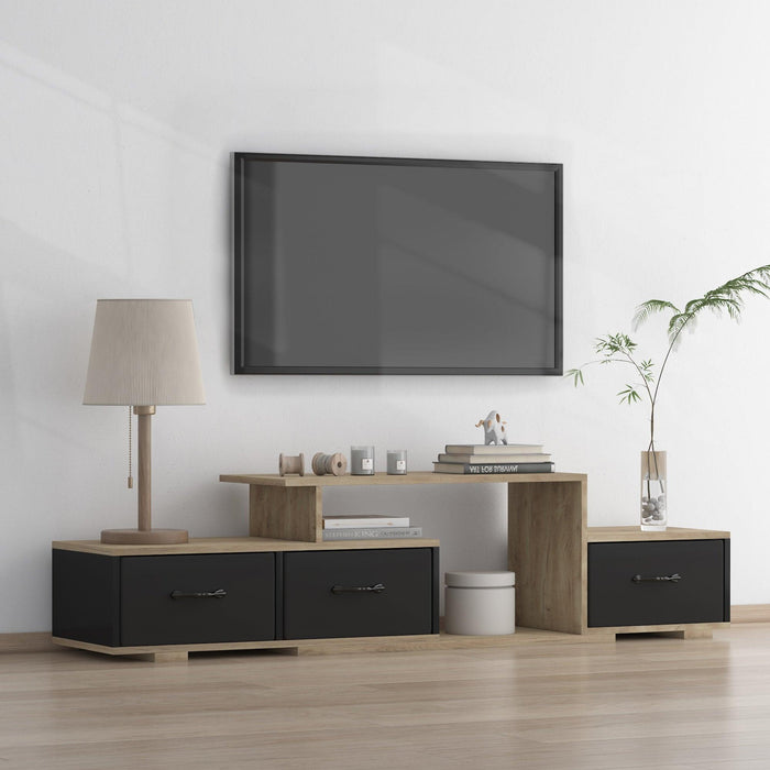Mordern TV Stand with quick assemble,wood grain and black easy open fabrics drawers for TV Cabinet,can be assembled in Lounge Room, Living Room or Bedroom,High quality furniture
