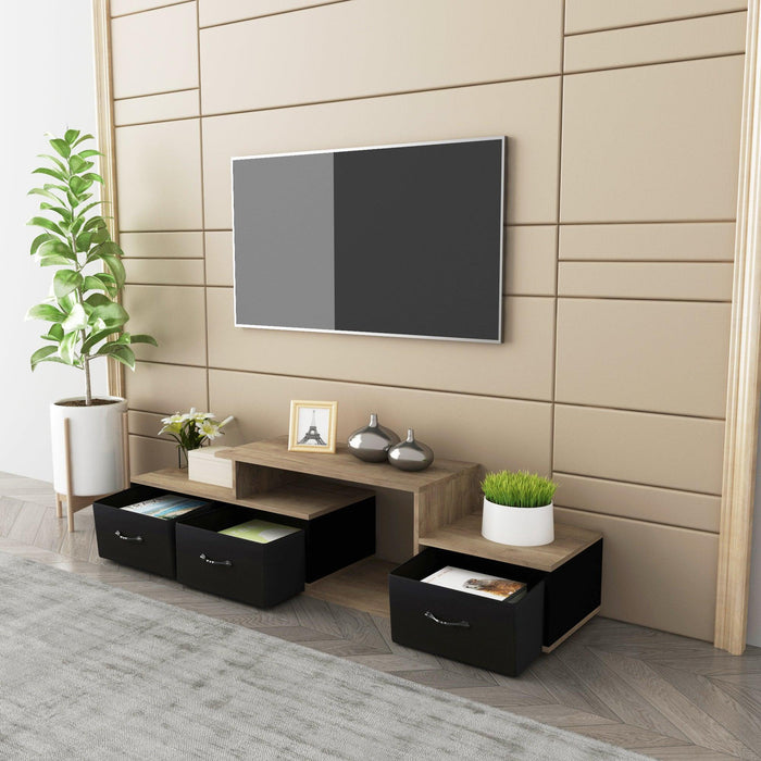 Mordern TV Stand with quick assemble,wood grain and black easy open fabrics drawers for TV Cabinet,can be assembled in Lounge Room, Living Room or Bedroom,High quality furniture