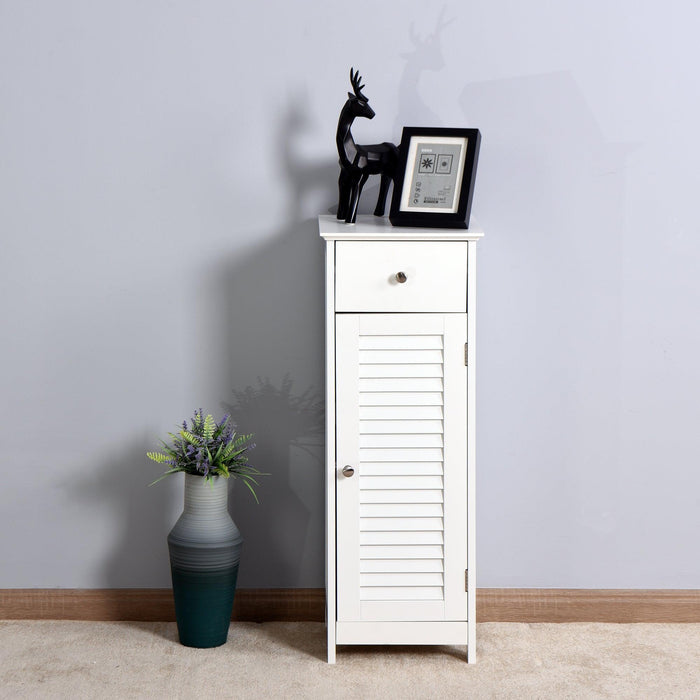Bathroom Floor CabinetStorage Organizer Set with Drawer and Single Shutter Door Wooden White
