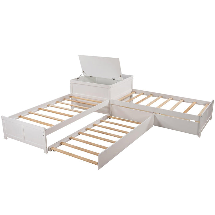 L-shaped Platform Bed with Trundle and Drawers Linked with built-in Flip Square Table,Twin,White