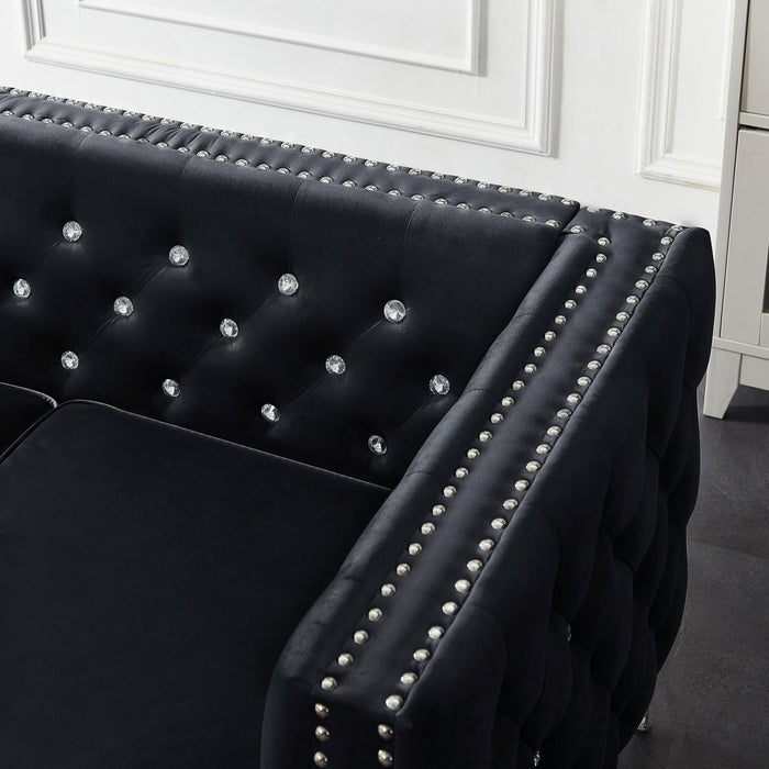 82.3" WidthModern Velvet Sofa Jeweled Buttons Tufted Square Arm Couch Black,2 Pillows Included