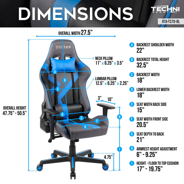 Techni Sport TS-70 Office-PC Gaming Chair, Blue