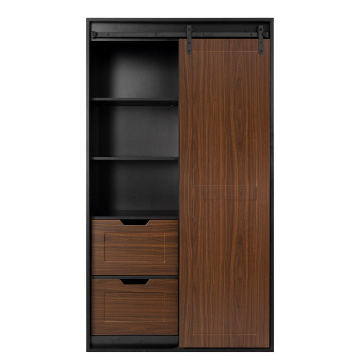 71-inch High wardrobe and cabinet , Clothes Locker，classic sliding barn door armoire, lockers, for bedrooms, cloakrooms, living rooms, color: black +brown