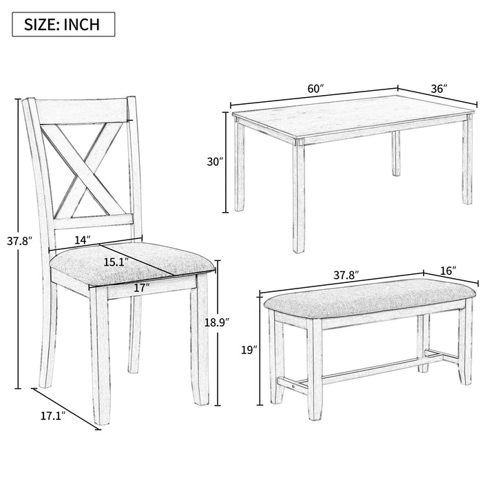 6-Piece Kitchen Dining Table Set Wooden Rectangular Dining Table, 4 Fabric Chairs and Bench Family Furniture (Espresso)