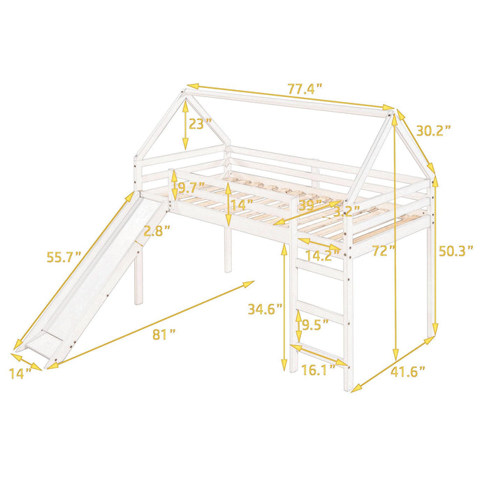 Twin Size Loft Bed with Slide, House Bed with Slide,Gray