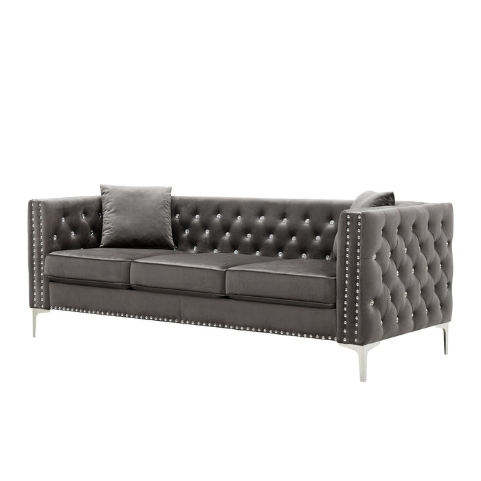 82.3" WidthModern Velvet Sofa Jeweled Buttons Tufted Square Arm Couch Grey,2 Pillows Included