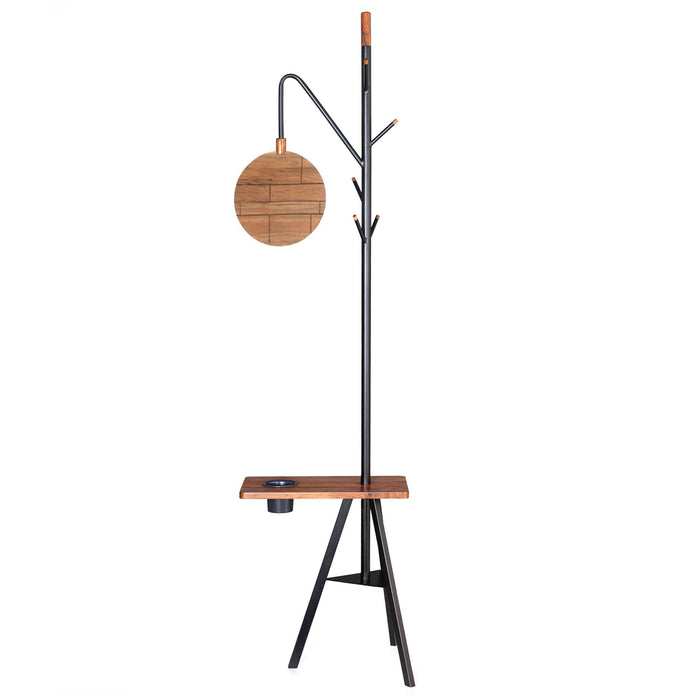 84 Inch Metal Coat Rack, Built In Mirror and Acacia Wood Accessory Table, Brown, Black
